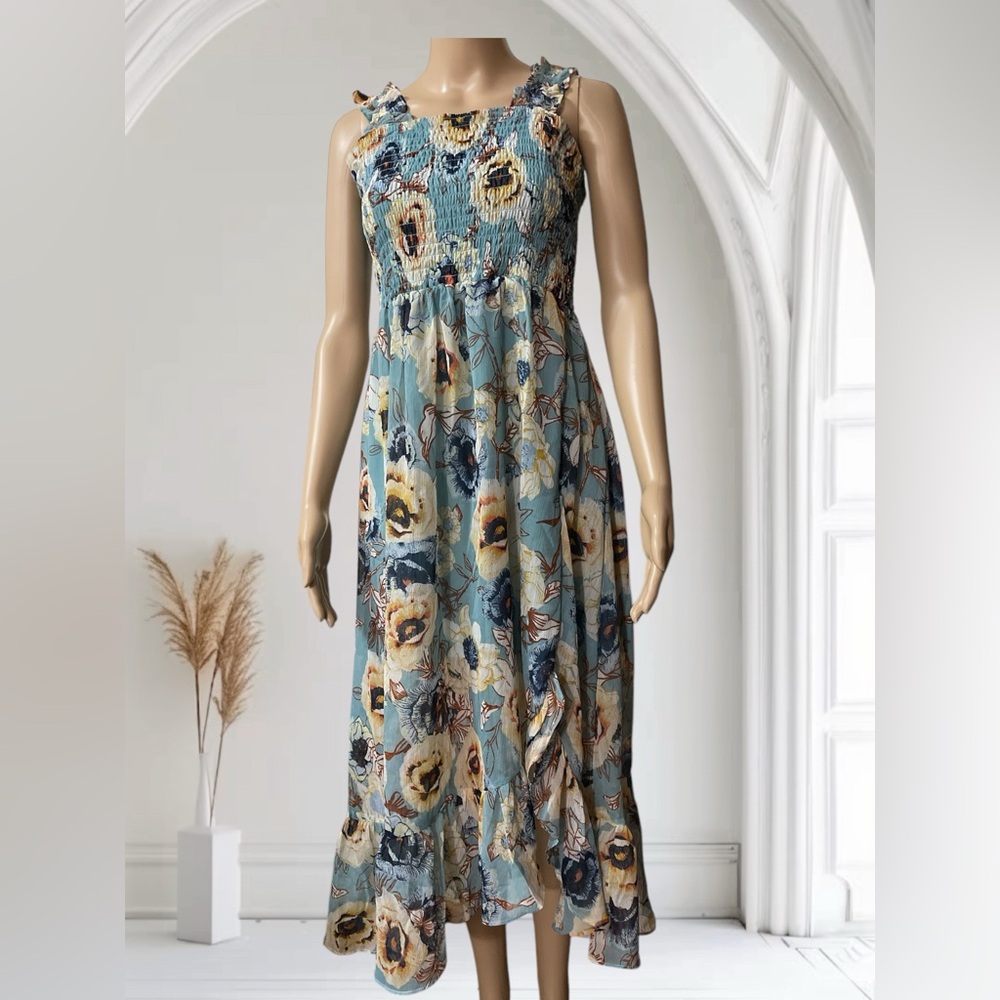 Floral Sleeveless Maxi Dress - Blue and Cream